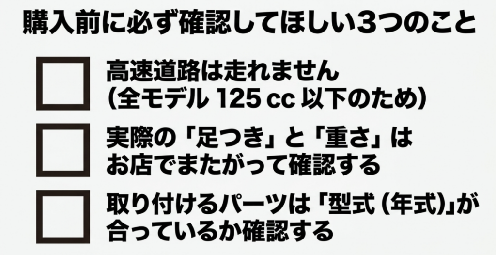 125cc以下は高速道路を走れないこと、足つきと重さを実車確認すること、取り付けるパーツの型式適合を確認することをまとめた購入前チェックリスト