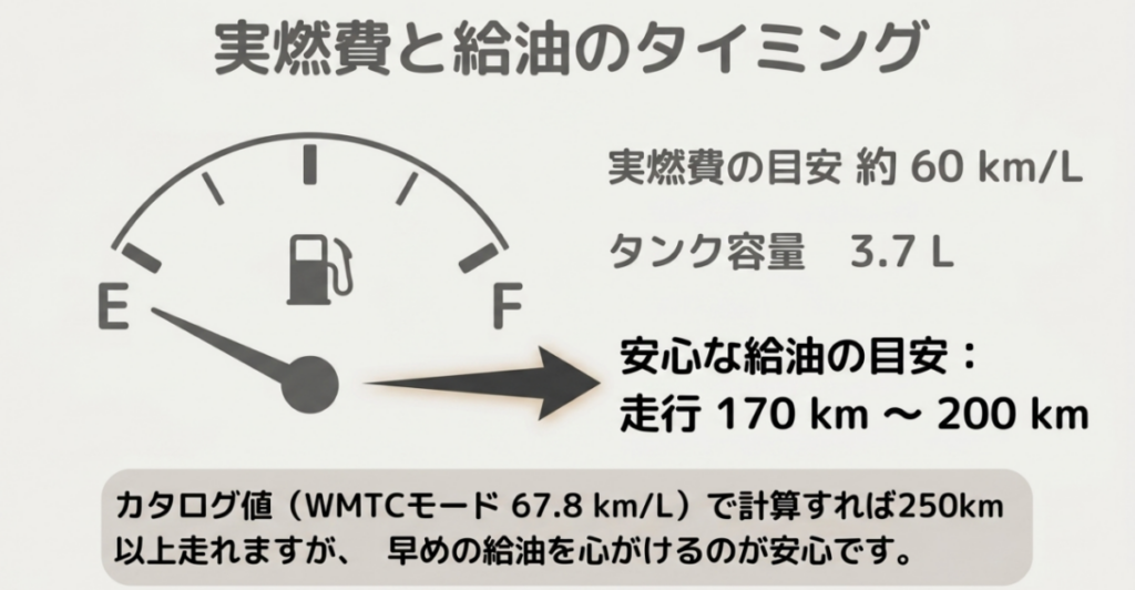 スーパーカブC125の実燃費は約60km毎リットル、タンク容量は3.7リットルで、走行170～200kmが安心な給油目安であることを示した画像