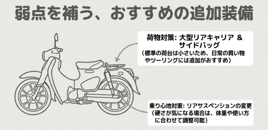 スーパーカブC125の積載性を補う大型リアキャリアとサイドバッグ、硬い乗り心地を調整するリアサスペンションを紹介した画像