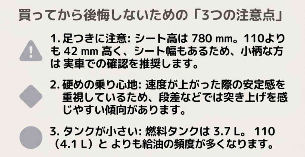 スーパーカブC125はシート高780mmで足つきに注意が必要なこと、乗り心地が硬めなこと、燃料タンクが3.7リットルと小さいことを示した画像