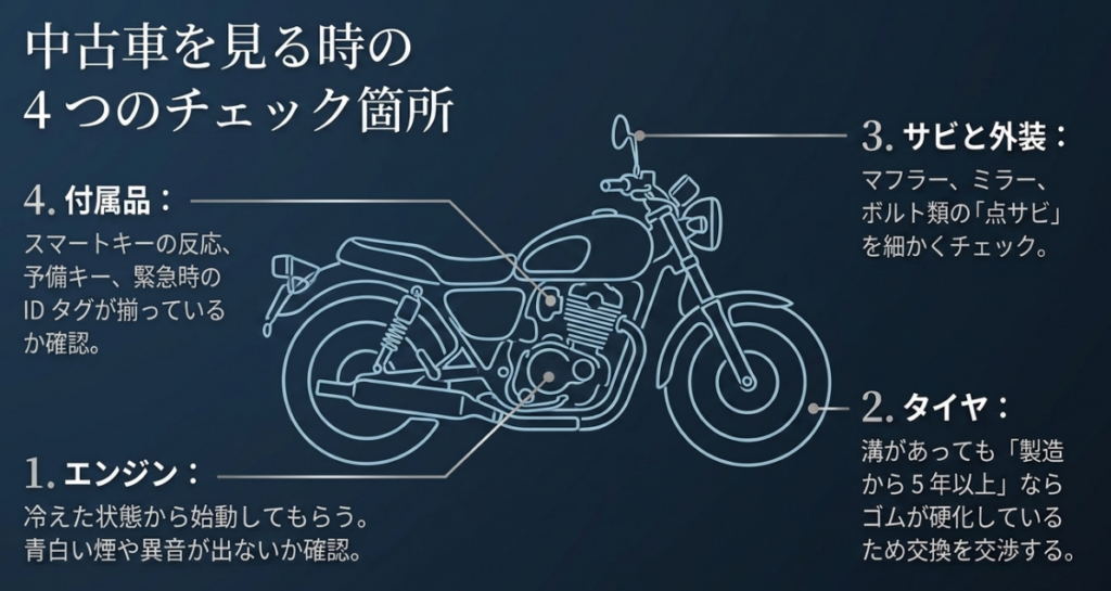 スーパーカブC125購入後の注意点としてバッテリー管理、3.7L燃料タンク、硬めの乗り心地を示した図
