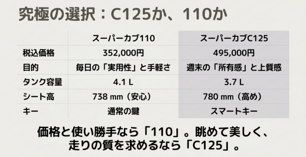 スーパーカブC125と110の価格、用途、タンク容量、シート高、キーを比較し、実用性なら110、所有感ならC125と示した画像