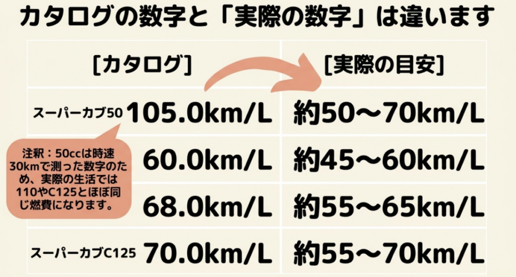 スーパーカブ50・90・110・C125のカタログ燃費と実燃費の目安を比較した表