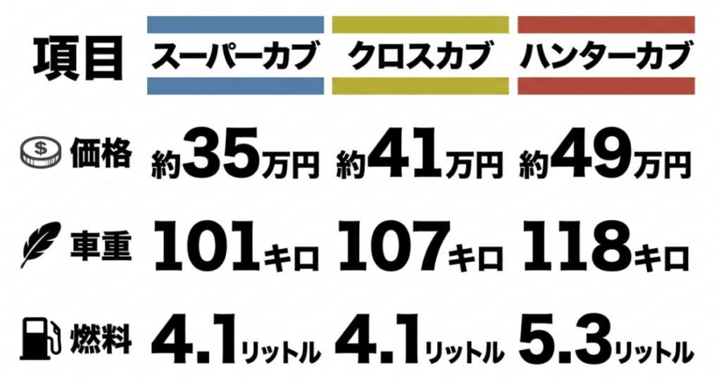 スーパーカブ110、クロスカブ110、ハンターカブの価格、車重、燃料タンク容量を比較した表