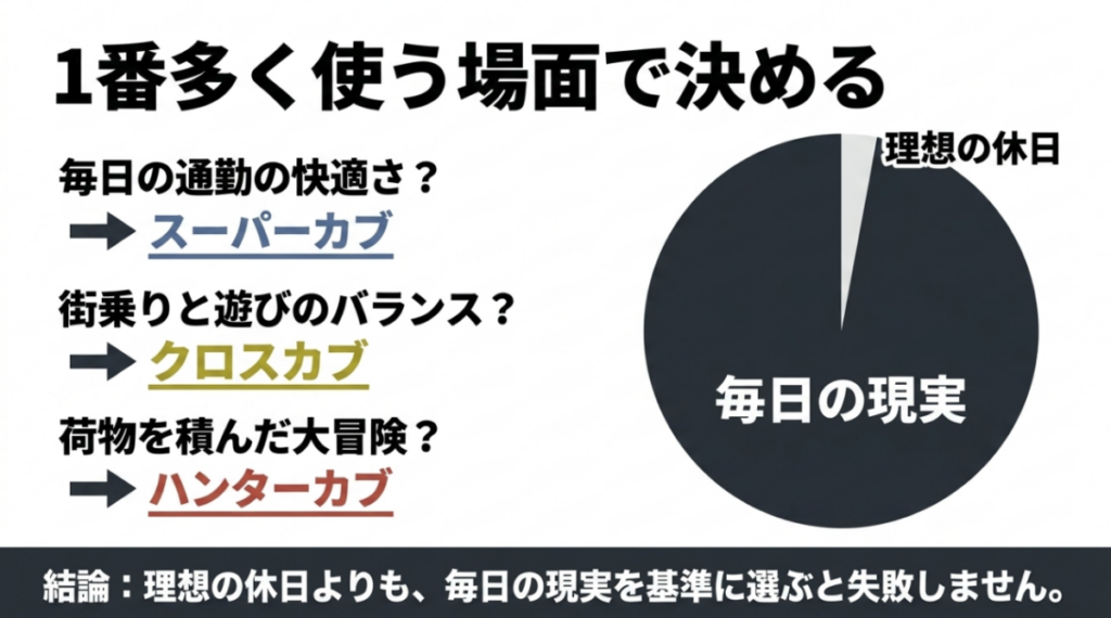 通勤はスーパーカブ、街乗りと遊びはクロスカブ、荷物を積んだ冒険はハンターカブという用途別の選び方を示した図