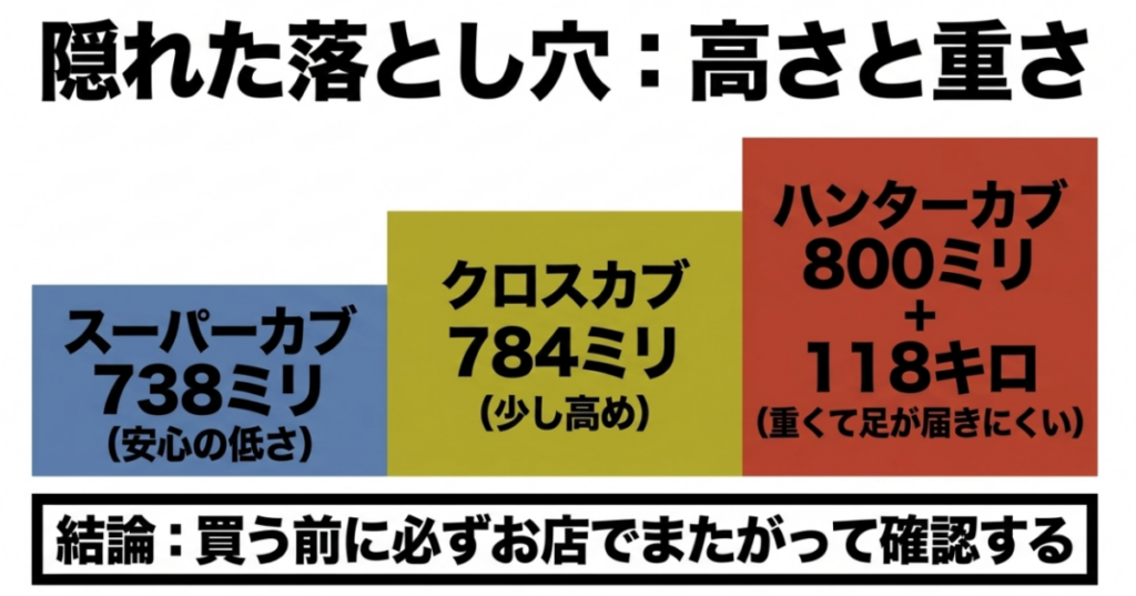 スーパーカブはシート高738ミリと101キロ、クロスカブは784ミリ、ハンターカブは800ミリと118キロであることを比較した図
