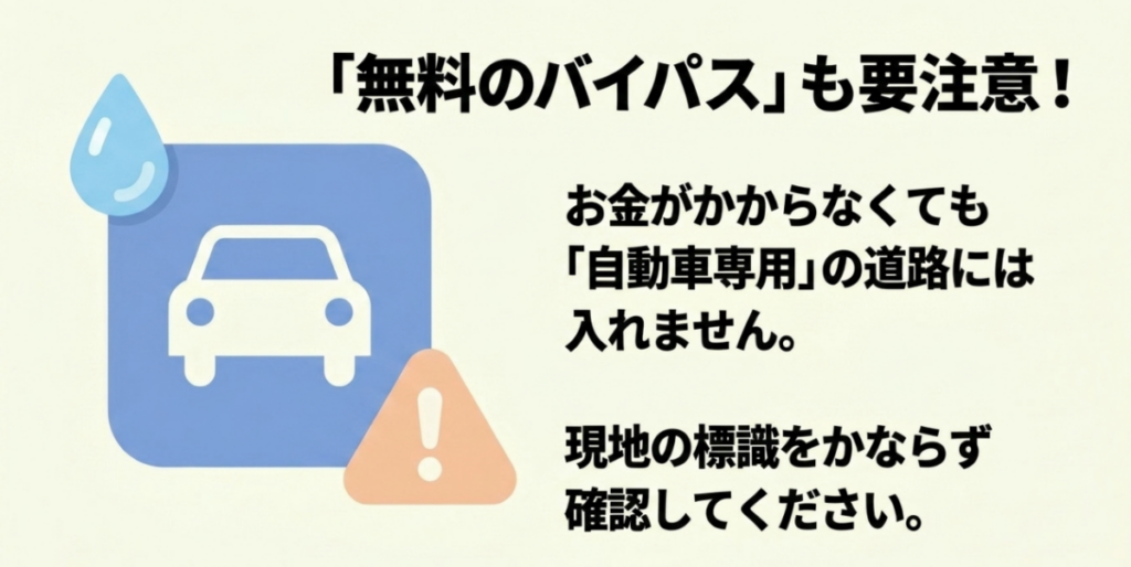 無料のバイパスでも自動車専用道路には入れず、125cc以下は現地の標識を確認する必要があると示した注意図