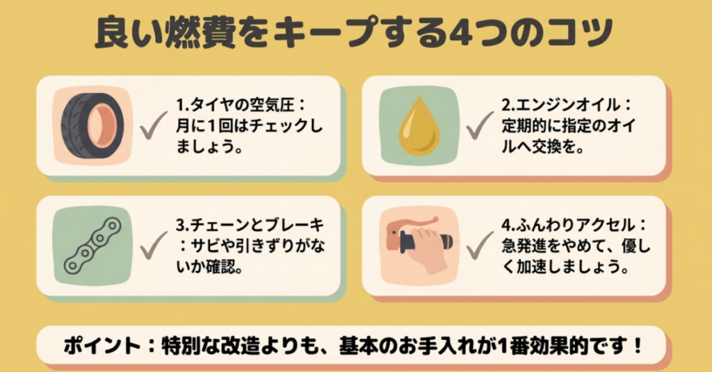 タイヤ空気圧、エンジンオイル、チェーンとブレーキ、穏やかな加速でスーパーカブの燃費を保つ方法