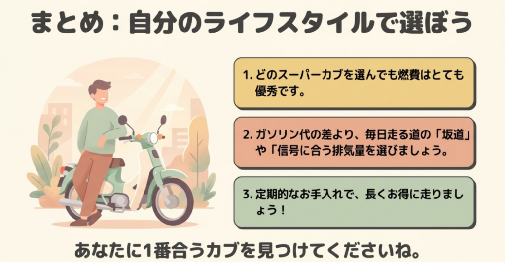 燃費の良さ、走行環境に合う排気量、定期的な手入れの3点をまとめたスーパーカブ選びの結論