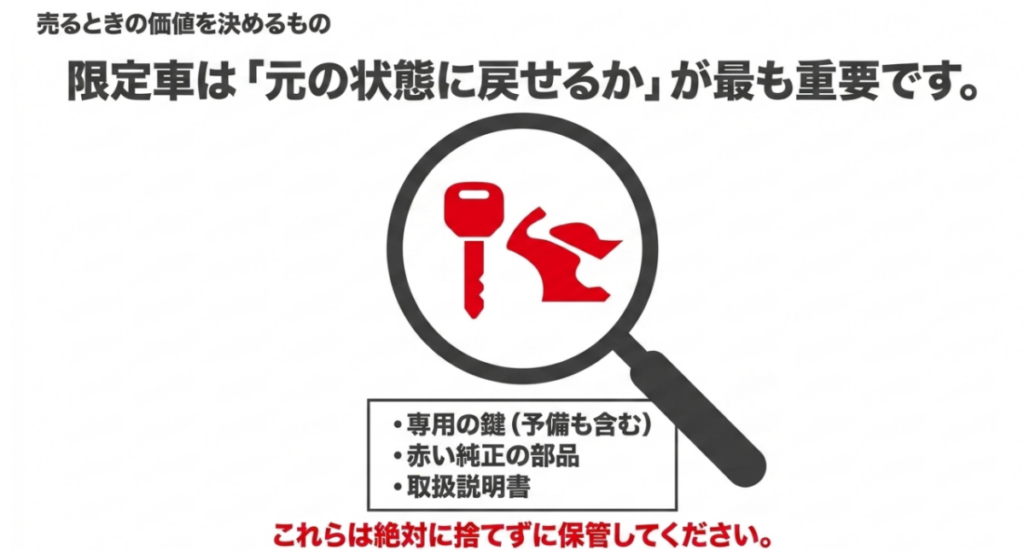 ハローキティ限定車の査定で専用キー、純正部品、取扱説明書を保管しておく重要性を示す