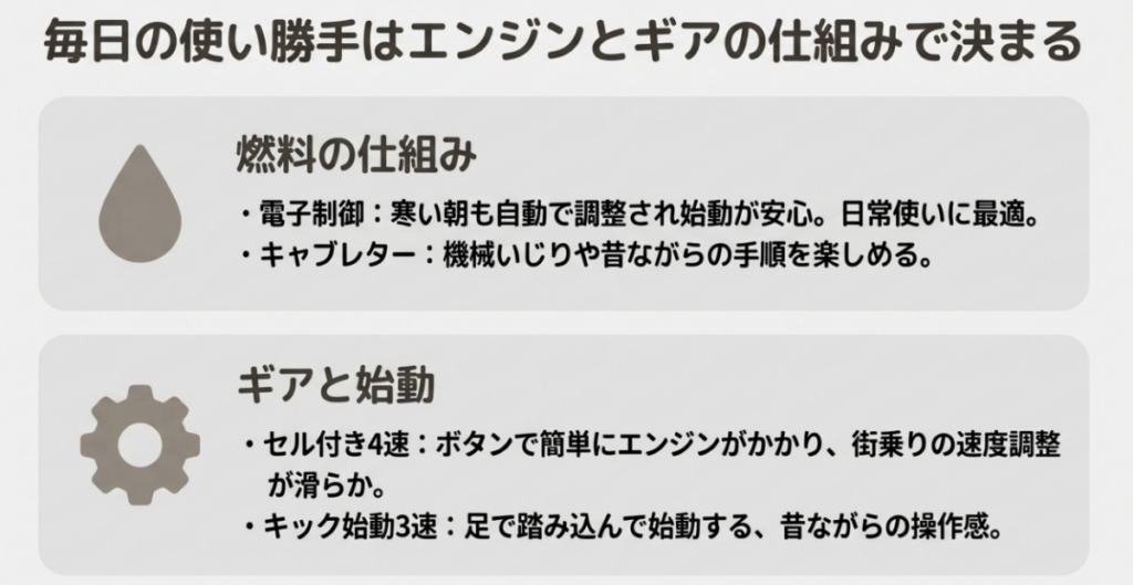 スーパーカブとリトルカブの電子制御燃料噴射とキャブレター、セル付き4速とキック3速の違いを示した図