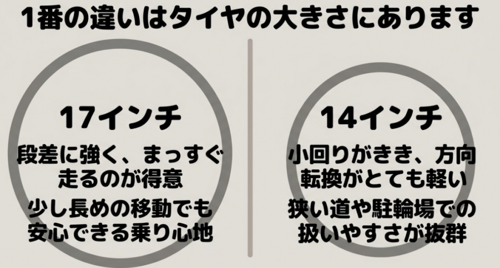 スーパーカブの17インチとリトルカブの14インチについて、安定感や取り回しの違いを比較した図
