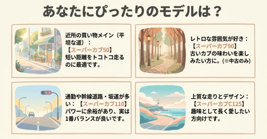 近所の買い物は50、レトロな雰囲気は90、通勤や坂道は110、上質な走りはC125という用途別の選び方