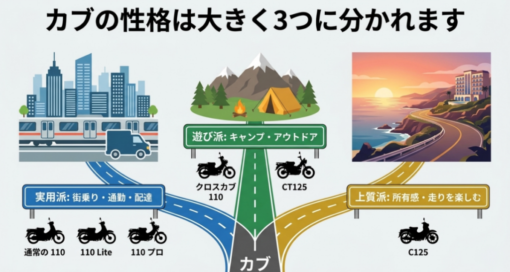 スーパーカブ110・110 Lite・110プロを実用派、クロスカブ110・CT125を遊び派、C125を上質派に分けた用途別分類図