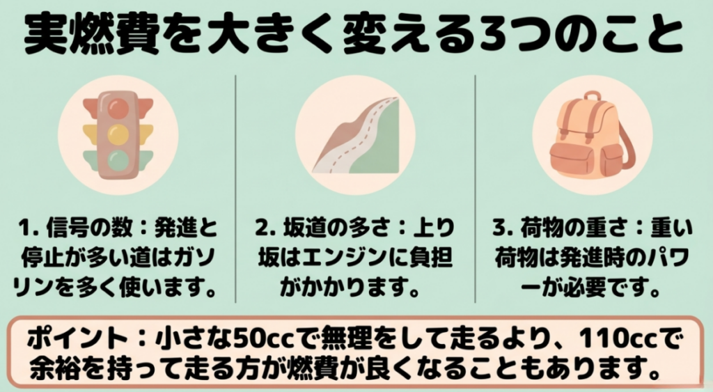 スーパーカブの実燃費を左右する信号による発進と停止、坂道、荷物の重さを示した図