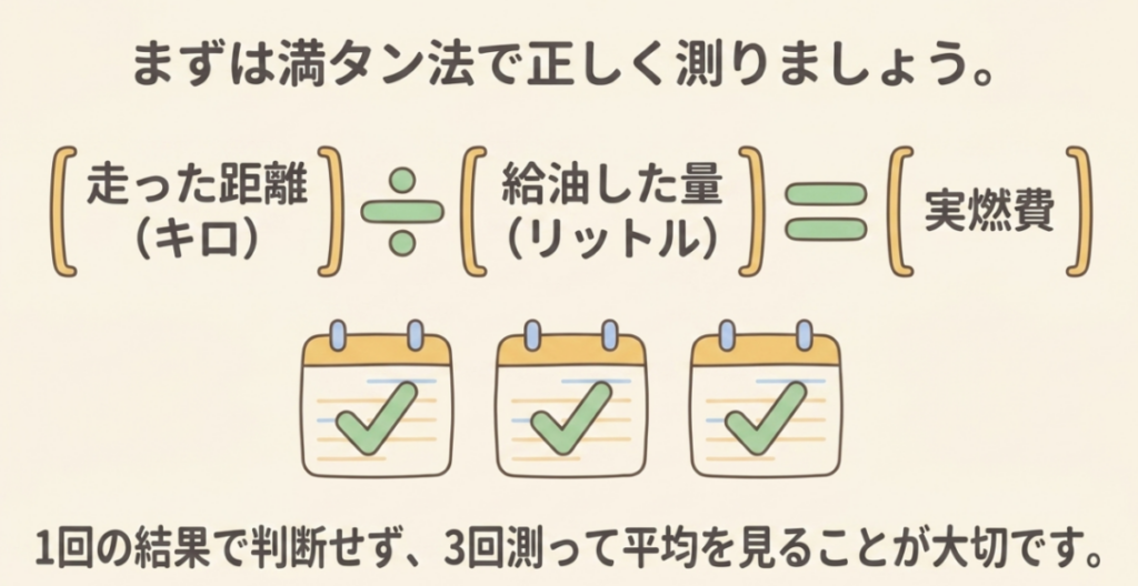 走行距離を給油量で割ってスーパーカブの実燃費を求め3回程度の測定結果から平均を確認する満タン法