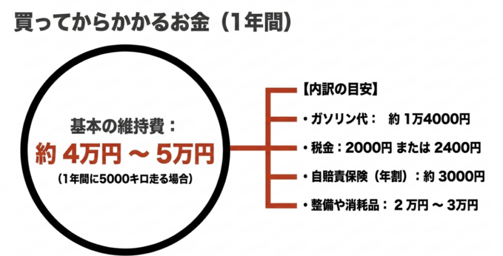 年間5000km走行時のスーパーカブの基本維持費は約4万〜5万円で、ガソリン代、税金、自賠責、整備費を含む