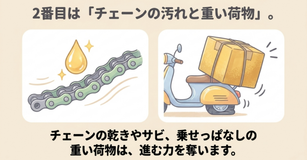 乾燥やさびのあるチェーンと積み過ぎた重い荷物がスーパーカブの走行抵抗を増やすことを示す図
