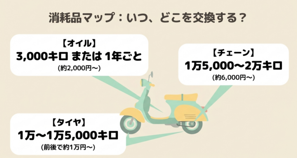 エンジンオイルは3,000kmまたは1年、タイヤは約1万~1万5,000km、チェーンは約1万5,000~2万kmを交換目安として示した図