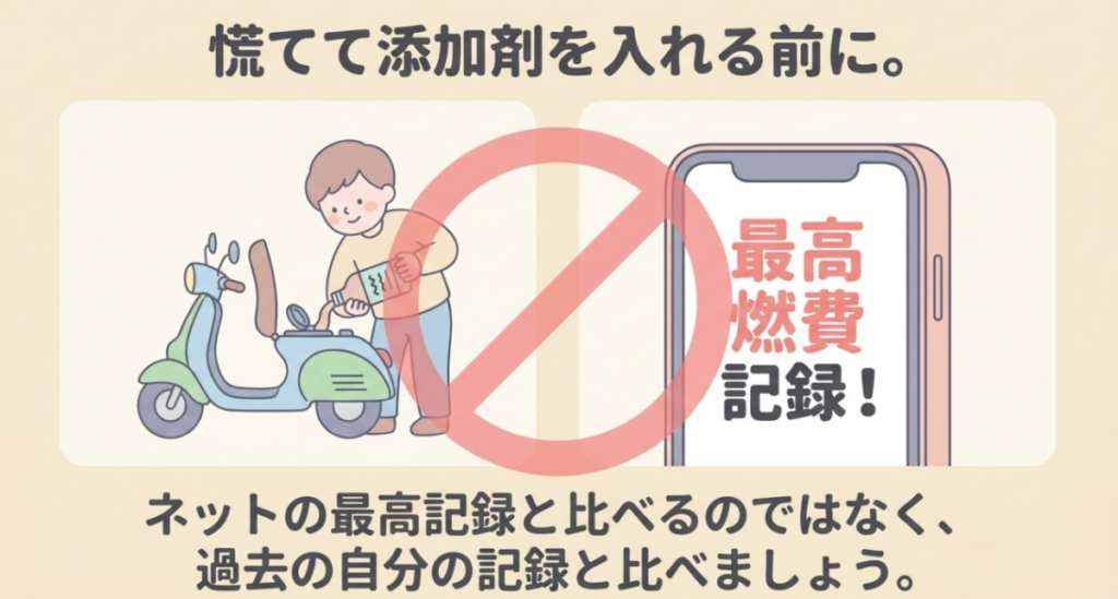 スーパーカブへ添加剤を入れる前にネット上の最高燃費ではなく過去の自分の燃費記録と比較することを促す図