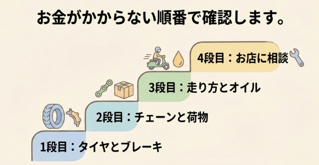 タイヤとブレーキ、チェーンと荷物、走り方とオイル、整備店への相談の順に確認する4段階の点検手順