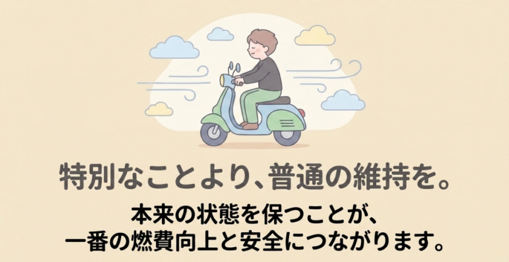 特別な燃費対策よりも基本整備でスーパーカブ本来の状態を保つことが燃費向上と安全につながることを示す図