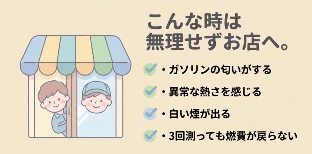 ガソリンのにおい、異常な発熱、白煙、3回測っても燃費が戻らない場合は整備店へ相談する目安