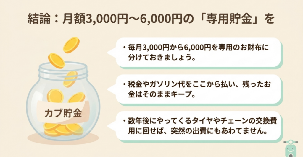 スーパーカブの維持費として毎月3,000円~6,000円を積み立て、税金や燃料代、将来のタイヤ・チェーン交換に備える方法