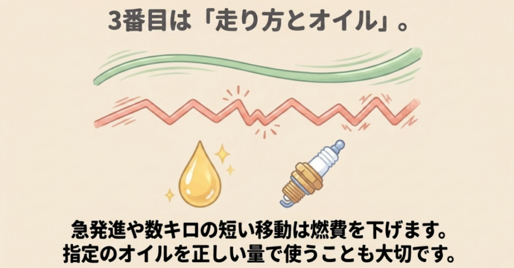 急発進や数キロの短距離走行を避け指定されたエンジンオイルを正しい量で使う重要性を示す図