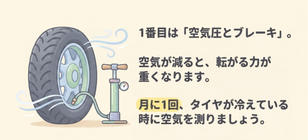 空気圧が減ると転がり抵抗が増えるため月に1回タイヤが冷えている状態で測定することを示す図