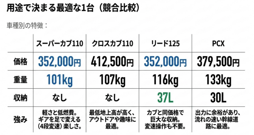 スーパーカブ110、クロスカブ110、リード125、PCXの価格・重量・収納容量・用途別の強みを比較した表