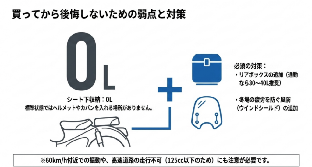 スーパーカブ110のシート下収納0L、リアボックスと風防による対策、60km/h付近の振動と高速道路走行不可を示す図