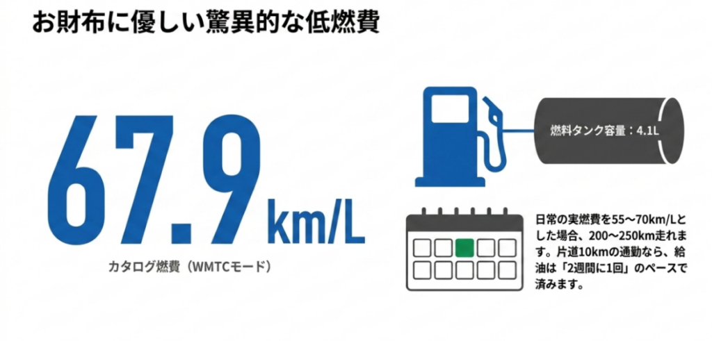 スーパーカブ110のWMTCモード燃費67.9km/L、燃料タンク4.1L、実航続距離200～250kmと給油頻度の目安