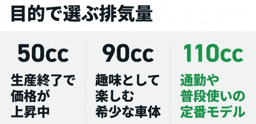 50ccは生産終了で価格上昇、90ccは趣味向けの希少車、110ccは通勤や普段使い向けの定番モデルと示す比較図