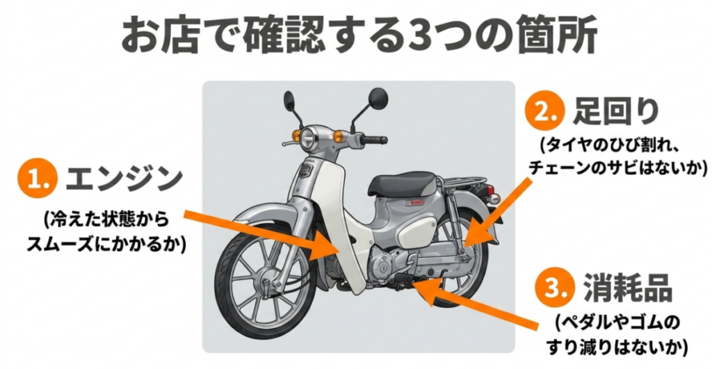 中古スーパーカブの現車確認で、冷間時のエンジン始動、タイヤとチェーン、ペダルやゴム類の摩耗を見る3つのポイント