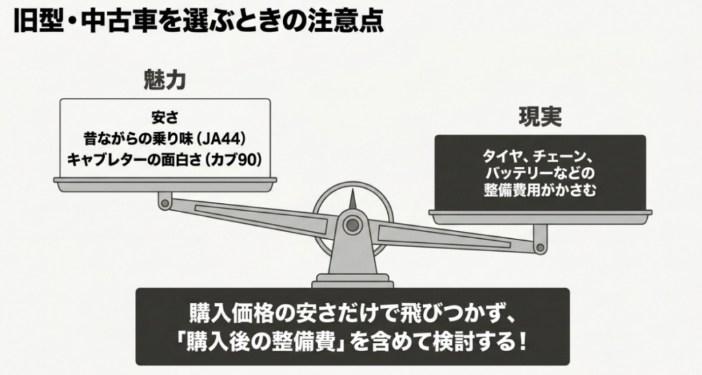 JA44やカブ90の安さと昔ながらの乗り味に対し、タイヤ・チェーン・バッテリーなど購入後の整備費用も比較すべきことを示す図