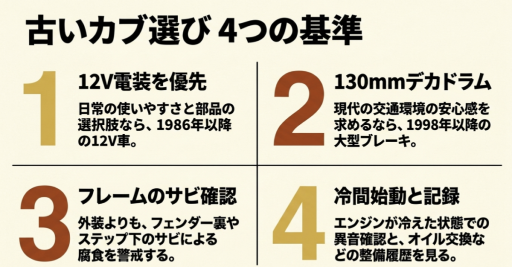 中古スーパーカブ選びの基準として12V電装、130mmデカドラム、フレームの錆、冷間始動と整備記録を紹介