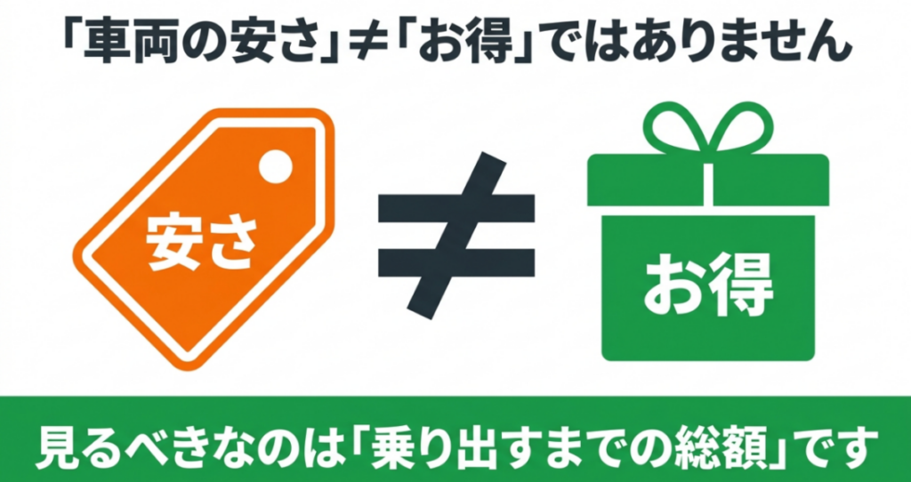 中古スーパーカブは車両価格の安さだけで判断せず、乗り出すまでに必要な支払総額で比較すべきことを示す図