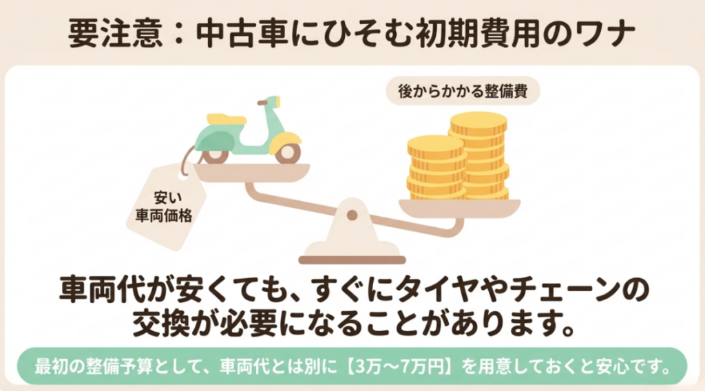 中古スーパーカブは車両価格が安くてもタイヤやチェーンの交換が必要になるため、初年度の整備費として3万~7万円を用意する考え方