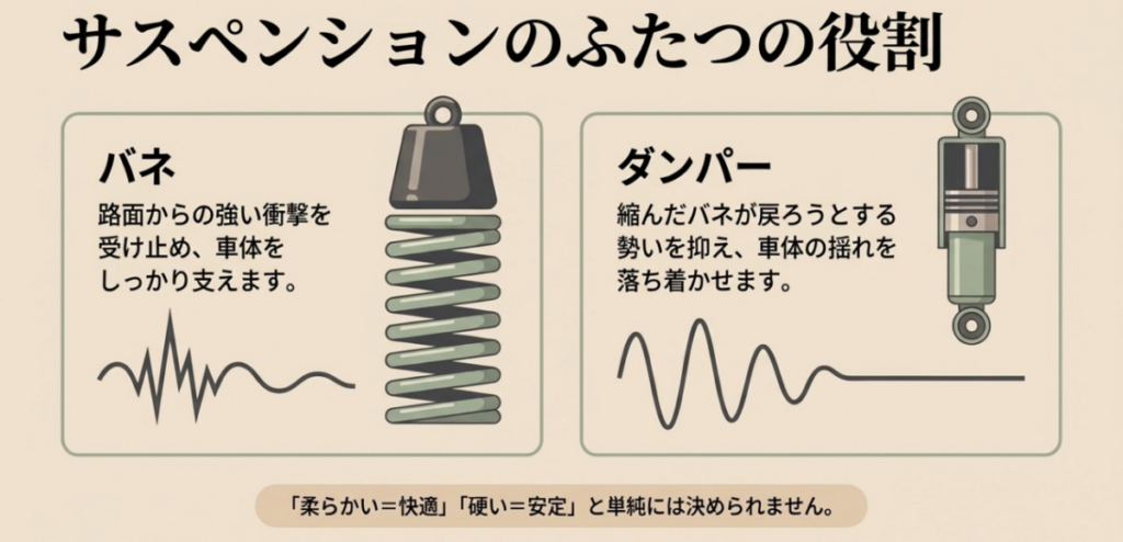 バネが衝撃を受け止めて車体を支え、ダンパーが戻る勢いと車体の揺れを抑える仕組みの図解