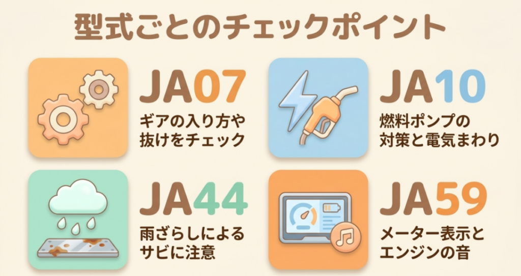 JA07のギア、JA10の燃料ポンプと電装、JA44の錆、JA59の表示と異音の確認点をまとめた図