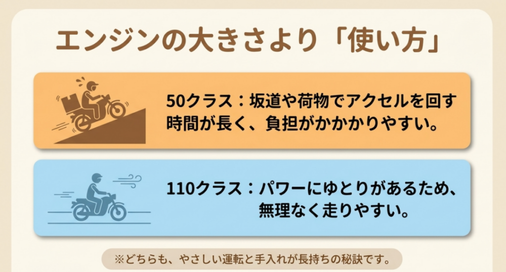 坂道や荷物で負担がかかりやすい50クラスと、パワーに余裕のある110クラスの使い方を比較した図