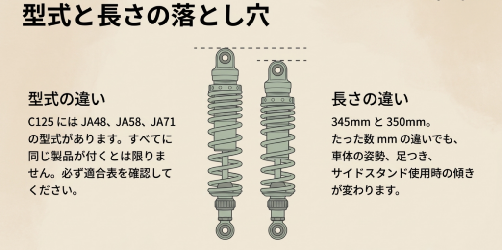 C125のJA48・JA58・JA71では製品ごとの適合確認が必要で、取付ピッチ345mmと350mmの違いも確認することを示した図