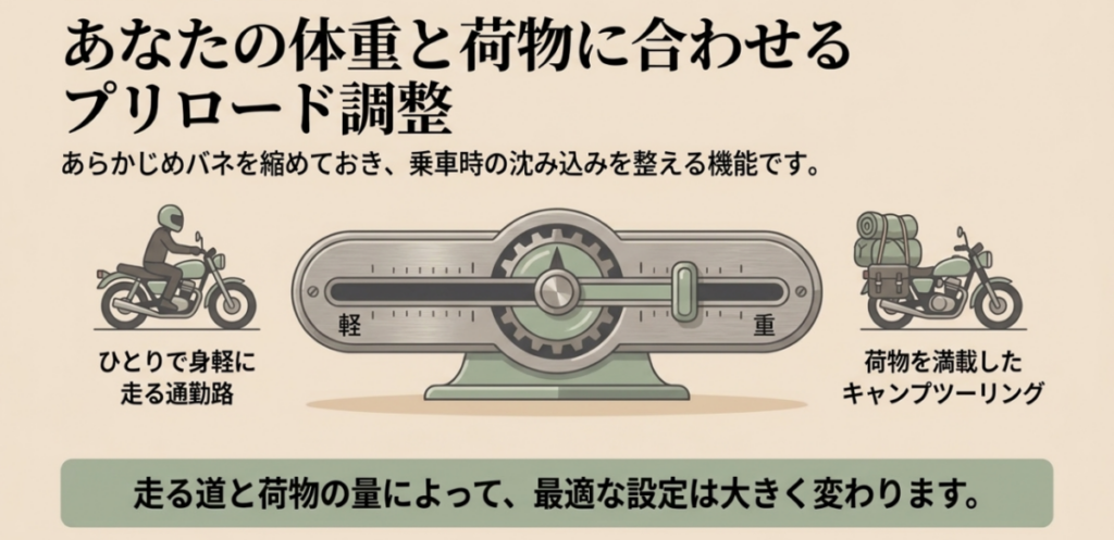 一人で身軽に走る場合と荷物を積んで走る場合を比べ、体重や積載量に応じてプリロード設定を考える図