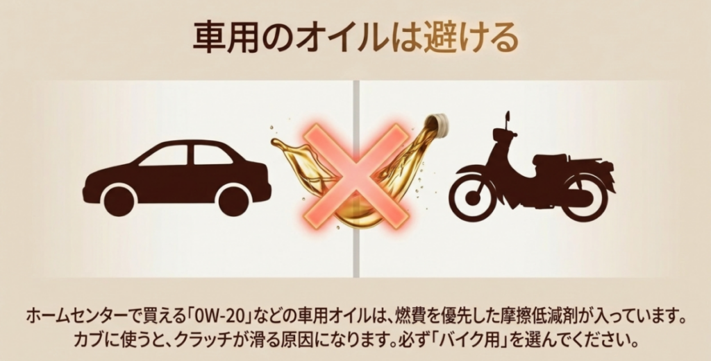 四輪車用0W-20などをスーパーカブへ流用する際の、指定粘度と湿式クラッチへの適合に関する注意を示した図