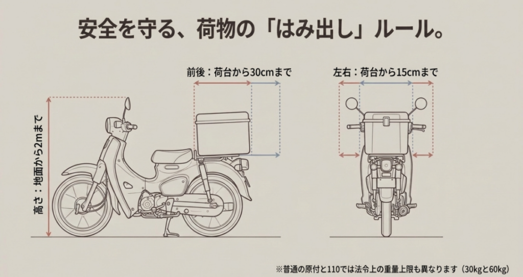 荷物の高さは地上から2m以内、前後のはみ出しは各30cm以内、左右は各15cm以内と図示したスライド