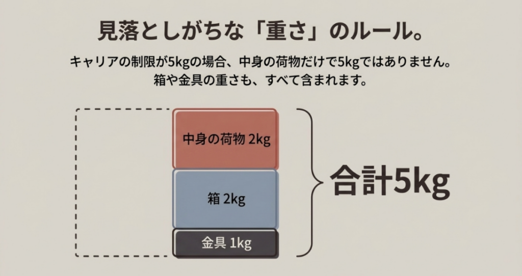 積載上限5kgの例で、荷物2kg、箱2kg、金具1kgの合計が5kgになることを示す図