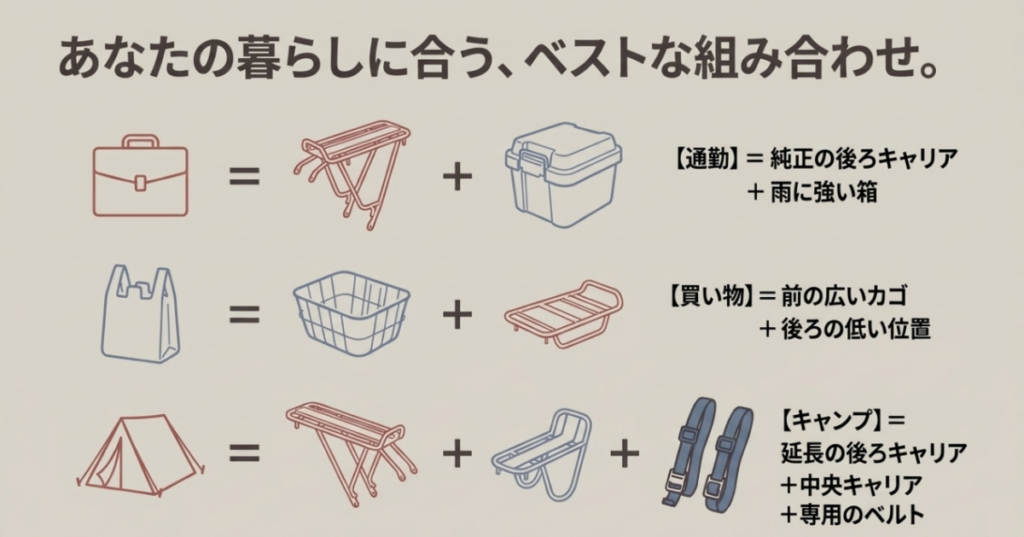 通勤はリアキャリアと箱、買い物は前カゴとリア、キャンプは延長リアキャリアとセンターキャリアを組み合わせる図