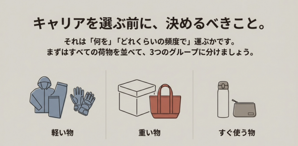 運ぶ荷物を軽い物、重い物、すぐ使う物の3グループに分ける図