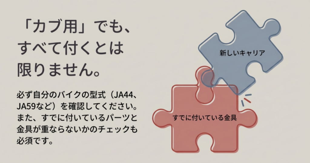 新しいキャリアと装着済みの金具が干渉するイメージ。車両の型式と同時装着の確認を促す図